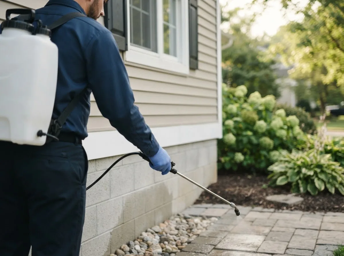 Pest control technician inspecting a home in Harrisville, WV